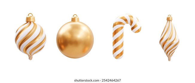 Set of Christmas ornaments in gold and white, including baubles, twisted figurines, and a candy cane. Suitable for holiday greeting cards, web banners, seasonal promotions, and Christmas decor.