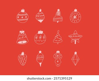 Set of Christmas ornaments in hand drawn doodle style, vector illustration. Various cute Christmas baubles. Concepts of winter holidays and decoration.