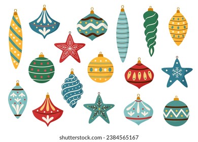 Set of Christmas ornaments on white background. Christmas objects. Christmas tree decoration.