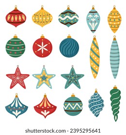 Set of Christmas ornaments on white background. Christmas objects. Christmas tree decoration.	