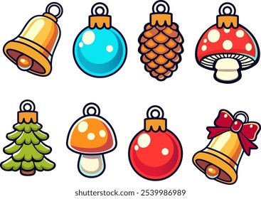 Set of Christmas ornaments on white background. Christmas objects. Christmas tree decoration.