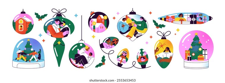 Set of Christmas ornaments. People, happy couples have fun inside Xmas balls, snow globe, decorations. Concept of New Year, winter holiday celebration. Flat isolated vector illustrations on white