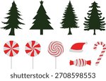 Set of christmas ornaments. Pine trees, lollipop, santa hat, candy cane.