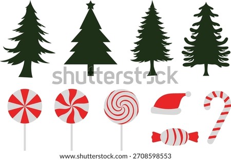 Set of christmas ornaments. Pine trees, lollipop, santa hat, candy cane.