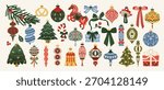 Set of Christmas ornaments with tree, candy cane, horse, bow and gifts. Xmas winter decoration ball. Holiday bauble with folk art patterns. Vector flat illustration