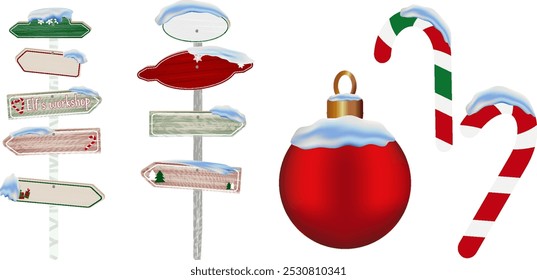 Set of Christmas ornaments Xmas red ball candy stick cane under snow Elements for your design New year symbols set Traditional winter attributes wooden direction arrows boards with snow caps