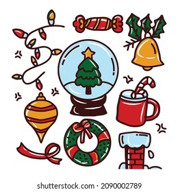 Set of Christmas ornate decoration. butterfly ribbons, shoes, socks, chimneys, Christmas trees, gift boxes, Festive Elements such as Cookies, Candies, Berries, Christmas Tree Decorations, Pine Branch