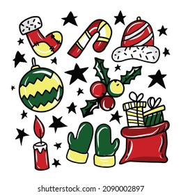 Set of Christmas ornate decoration. butterfly ribbons, shoes, socks, chimneys, Christmas trees, gift boxes, Festive Elements such as Cookies, Candies, Berries, Christmas Tree Decorations, Pine Branche