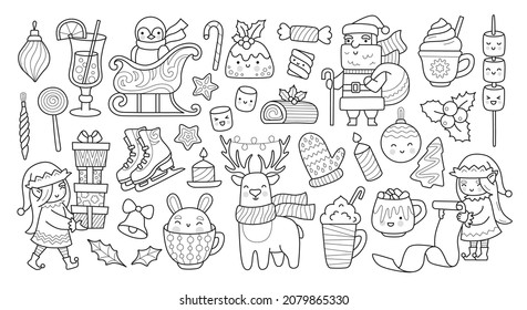 Set of christmas outline elements for coloring book. Santa Claus, xmas elf, deer, penguin and holiday decorations. Vector isolated illustration.