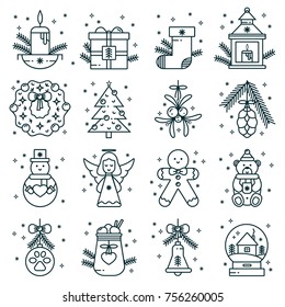 Set of Christmas outline icons: gift box, stocking holder, lantern, wreath, tree, mistletoe, pinecone, snowman, angel, gingerbread, bear, candle, cocoa mug, snowball. New Year decoration elements.