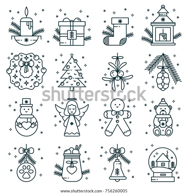 Set Christmas Outline Icons Gift Box Stock Vector (Royalty Free ...