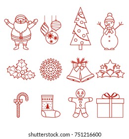 Set of Christmas outline icons. Santa Claus, snowman, Christmas tree, stars, gift, balls. New Year's symbols. Vector illustration.