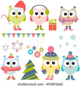 Set of christmas owls in winter