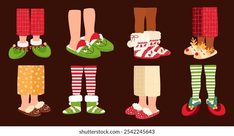 Conjunto de pernas de festa de pijama de Natal em travessas e botas. Ilustração de vetor desenhada à mão.