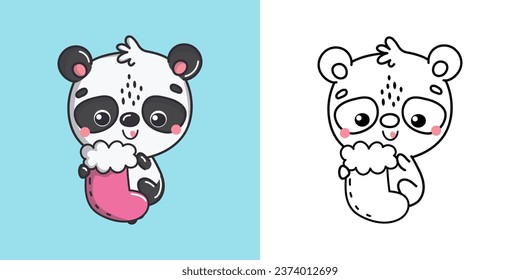 Set Christmas Panda Multicolored and Black and White. Kawaii Clip Art Christmas Bear. Cute Vector Illustration of a Kawaii Animal for Christmas Stickers. 