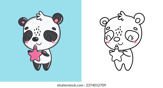 Set Christmas Panda Multicolored and Black and White. Kawaii Clip Art Christmas Bear. Cute Vector Illustration of a Kawaii Animal for Christmas Stickers. 