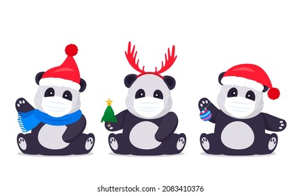 set of Christmas pandas in Santa costume in medical protective masks. concept Xmas in winter holidays during covid-19 pandemic. isolated vector illustration on white background.