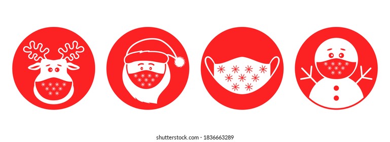 set of Christmas pandemic stickers. Santa claus, deer, snowman in medical protective masks. icons in flat linear style. vector illustration isolated on white background