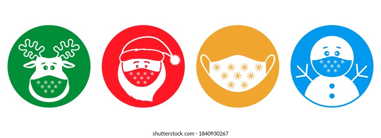 set of Christmas pandemic stickers. Santa claus, deer, snowman in medical protective masks. icons in flat linear style. vector illustration isolated on white background