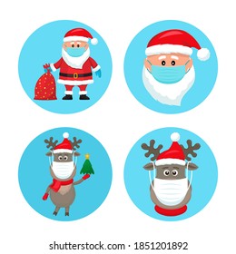 set of Christmas pandemic stickers. Santa Claus, deer, in medical protective masks. icons in flat linear style. vector illustration isolated on white background