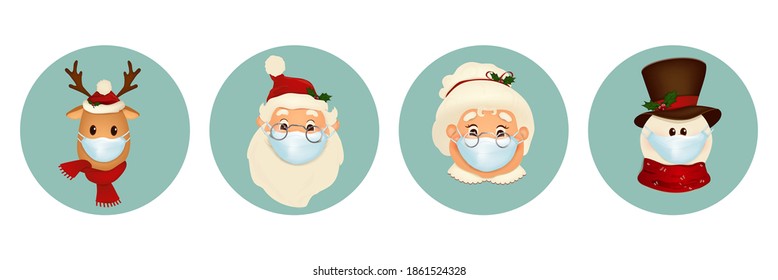 Set of Christmas pandemic stickers. Santa Claus, deer, snowman, Mrs. Claus in medical protective masks isolated. Funny icons of Christmas characters. vector illustration.