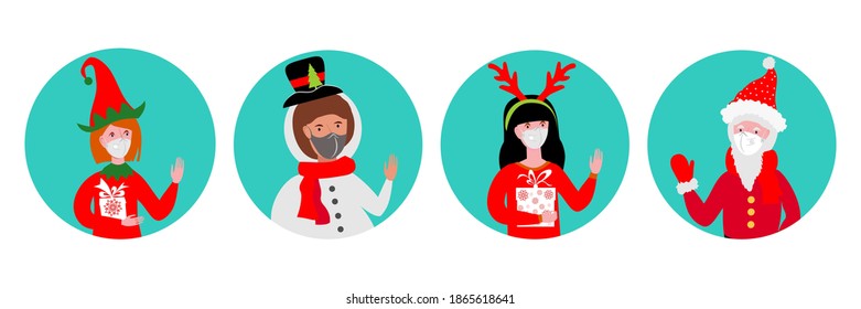 set of Christmas pandemic stickers. Santa Claus, deer, elf, snowman in medical protective masks. funny icons of Christmas characters. Corona virus protection. vector illustration