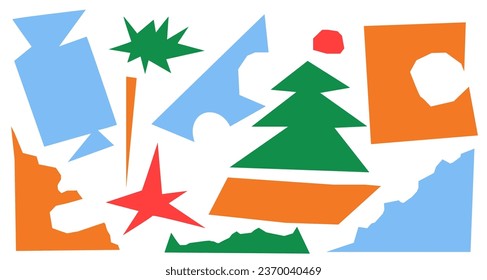 A set of Christmas paper cut out simple New Year's Eve shapes. Vector pack of kraft elements. Trendy Matisse style illustration