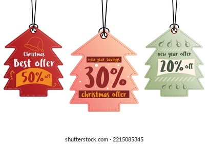 set christmas paper sale price tag. red and golden square label and snow hand drawn elements, hanging with offer discount text for new year shopping holiday promotion Vector illustration.