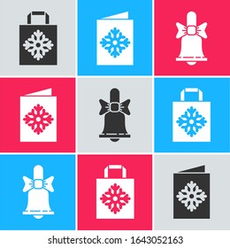 Set Christmas paper shopping bag, Christmas postcard and Merry Christmas ringing bell icon. Vector