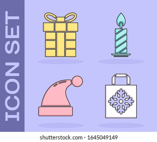 Set Christmas paper shopping bag, Gift box, Christmas Santa Claus hat and Burning candle in candlestick icon. Vector