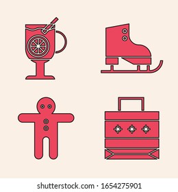 Set Christmas paper shopping bag, Mulled wine with glass of drink, Figure skates and Holiday gingerbread man cookie icon. Vector
