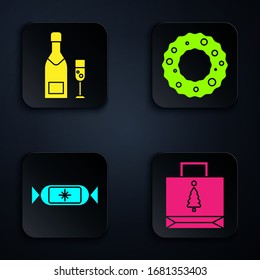Set Christmas paper shopping bag, Champagne bottle and glass of champagne, Candy and Christmas wreath. Black square button. Vector
