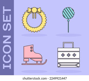 Set Christmas paper shopping bag, Christmas wreath, Figure skates and Lollipop icon. Vector