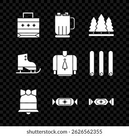 Set Christmas paper shopping bag, Hot chocolate cup with marshmallows, trees, Merry ringing bell, Candy, Figure skates and sweater icon. Vector