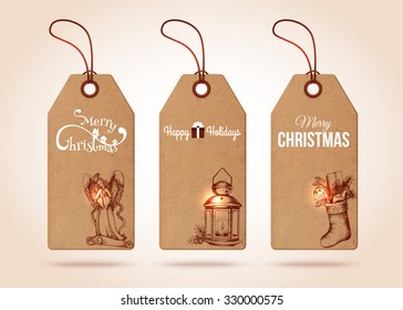 Set of christmas paper tags. Vector illustration