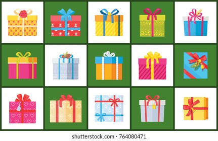 Set of Christmas parcel package icons in decorative wrapping paper with bows and ribbons vector isolated, present gift boxes colorful holiday packs