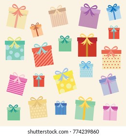 Set Of Christmas Parcel Package Icons In Decorative Wrapping Paper With Bows And Ribbons Vector Isolated.Flat Style Vector Illustration .