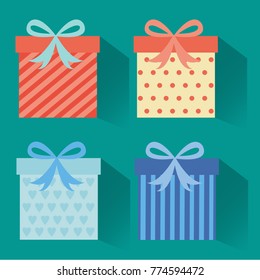 Set of Christmas parcel package icons in decorative wrapping paper with bows and ribbons vector isolated.Flat style vector illustration .