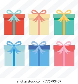 Set of Christmas parcel package icons in decorative wrapping paper with bows and ribbons vector .Flat style vector illustration .