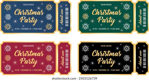 Set of Christmas party colorful tickets. Ticket template for admit one. Christmas design. Vector iillustration. 