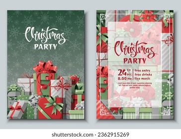 Set of Christmas party invitation cards with gift boxes and bows. Christmas and New Year. Greeting card, flyer, banner in A4 format.