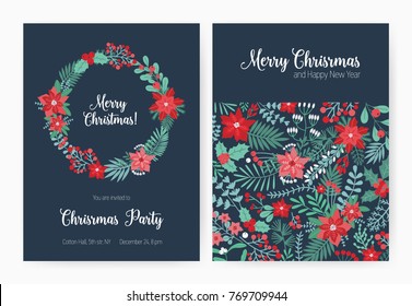 Set of Christmas party invitation, event announcement flyer or greeting card templates with traditional holiday natural decorations - holly leaves and berries, fir needles. Vector illustration.