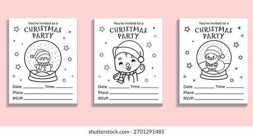 Conjunto de invitaciones de fiesta de Navidad, Vector lindo para colorear de vacaciones