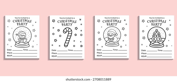 Conjunto de invitaciones de fiesta de Navidad, páginas para colorear de Vector para niños con personajes lindos	