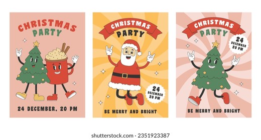 Set of Christmas party posters with groovy hippie Christmas characters. Template for party invitation, poster, banner, greeting card. Vector illustration