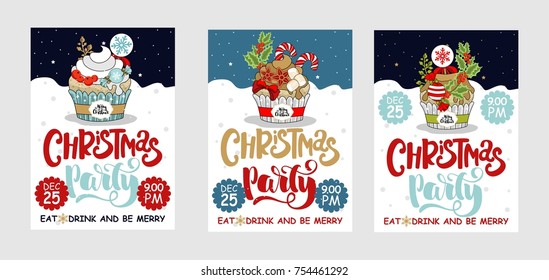Set Christmas party and sweets postcard. A painted inscription text