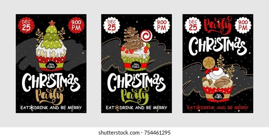 Set Christmas party and sweets postcard. A painted inscription text