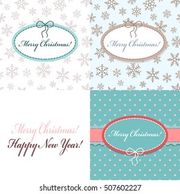 Set of christmas  pastel blue  flat background with the little dots, snowflakes, ribbon and oval frame with bow and stitched thread for congratulations. Can be used as greeting card