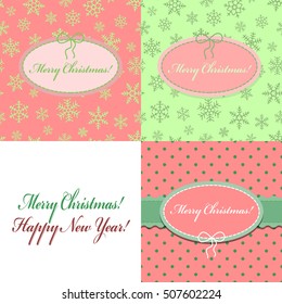 Set of christmas  pastel red and green flat background with the little dots, snowflakes, ribbon and oval frame with bow and stitched thread for congratulations. Can be used as greeting card