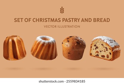 A Set of Christmas Pastry and Bread 3D Vector Items: Pandoro, Gugelhupf, Panettone, Stollen